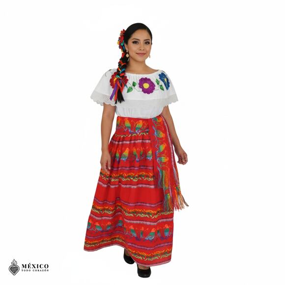 Traditional Mexican Floral Cambaya Dress Set – Handmade Two-Piece Skirt & Blouse - Picture 6 of 7
